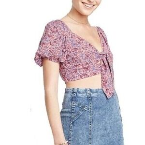 Wild Fable Smocked Crop Top Womens M Pink Floral Puff Sleeve Peasant Tie Front
